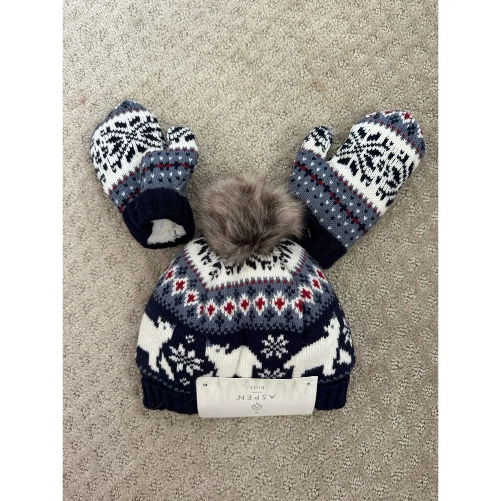 Aspen Kids Navy and White Mittens